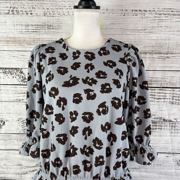 Melloday Blouse Top size Small Gray Brown Floral Ruffles Stretch Modest Peasant - Picture 2 of 8